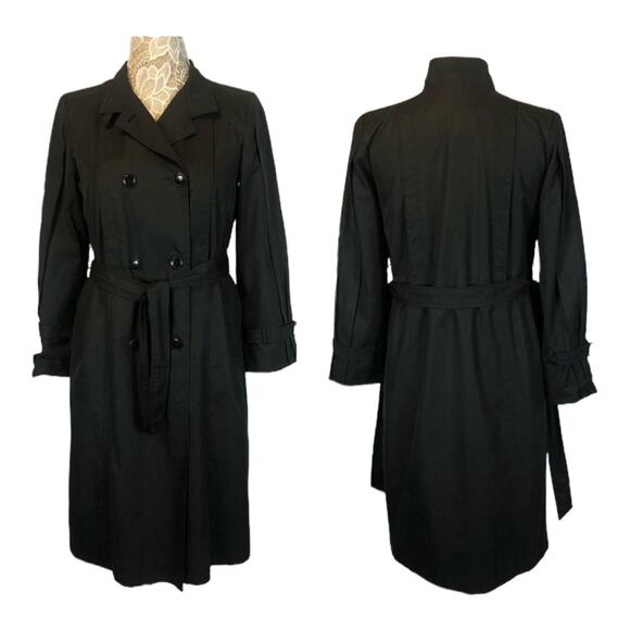 Vintage Concept black double breasted stand collar belted trench coat size large - Picture 1 of 12